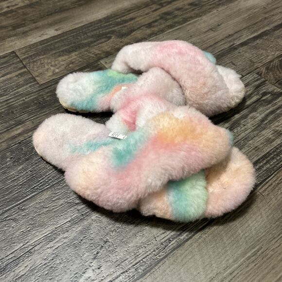 Emu Australia Mayberry Tie Dye W12655 Womens Pink Wool Slides Slippers Fluffy 11 - Picture 1 of 9